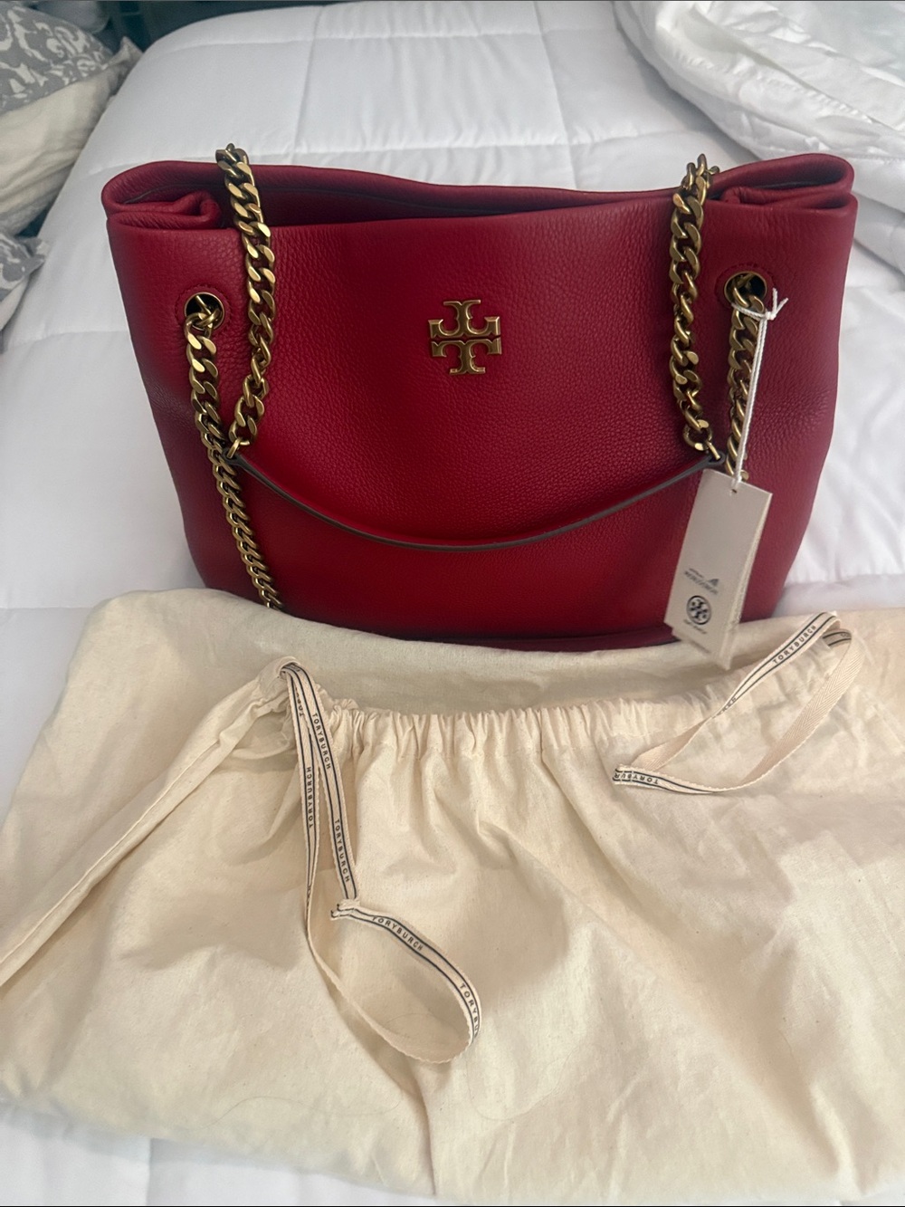 Tory Burch Red Pebbled Leather Kira Tote with Gold Chain Handles